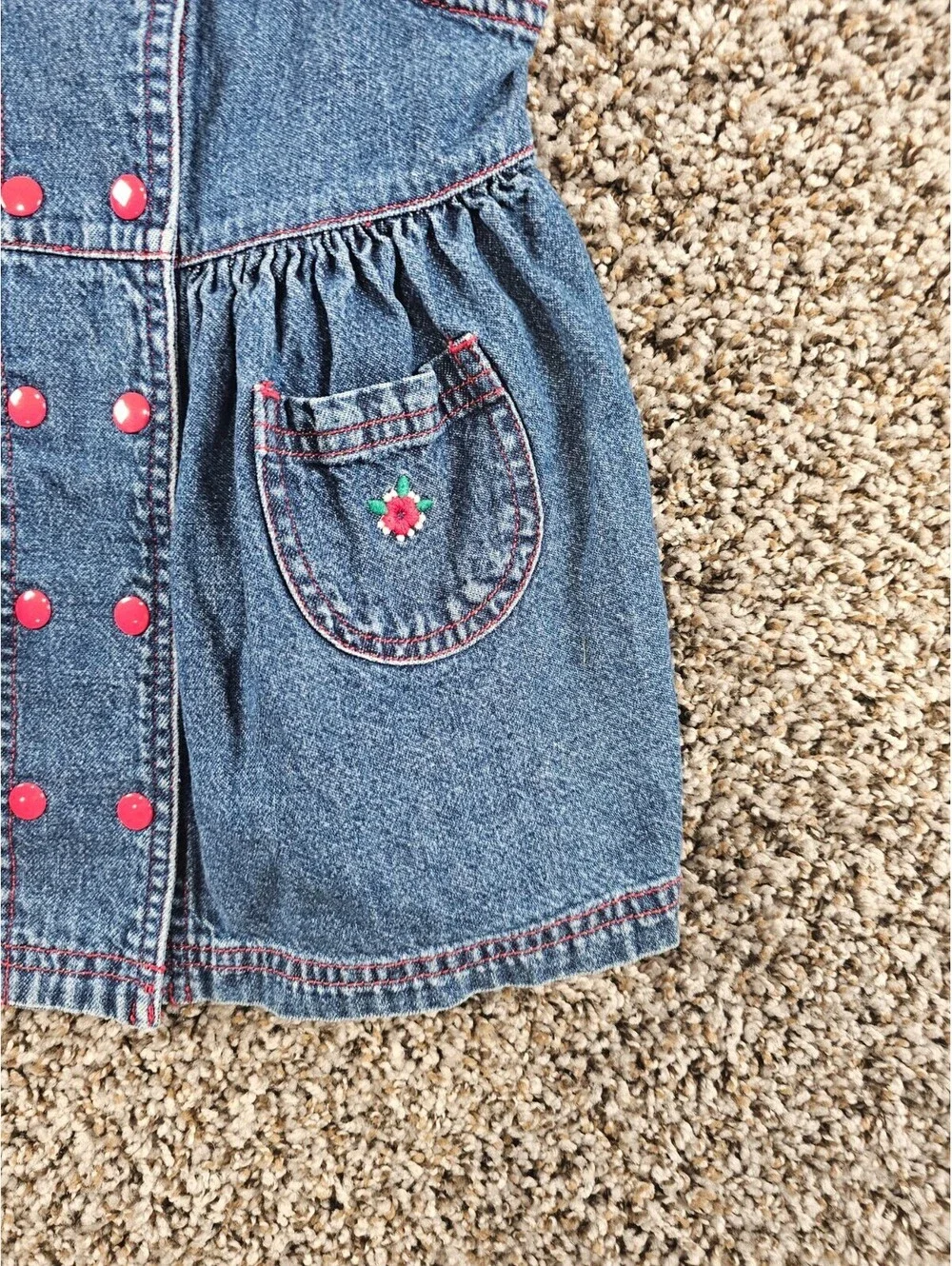 vintage Gymboree girls Sz XS denim jumper dress with a red plaid lining
